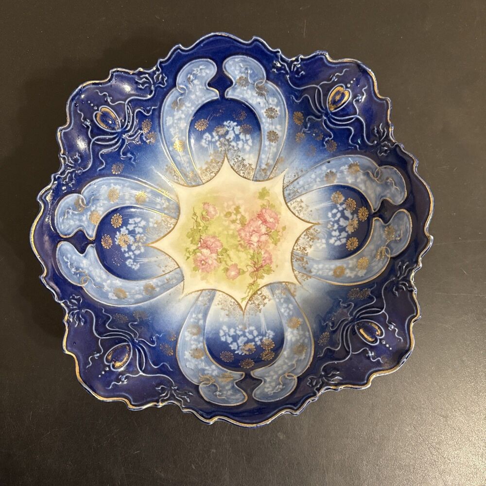 Wheelock Vienna Victorian Serving Bowl M.Z Austria Blue Floral Gilded
